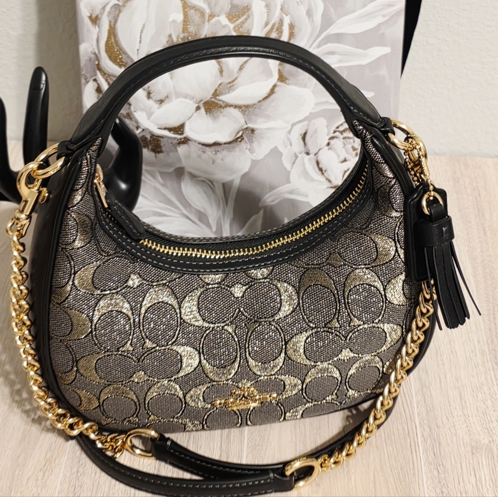 Coach Carmen Mini Crossbody Bag Sig Purse Jacquard Leather CCF76 Metallic Gold